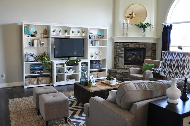 Great Room remodel after photos from www.jengallacher.com. #greatroom #familyroom #familyroommakeover