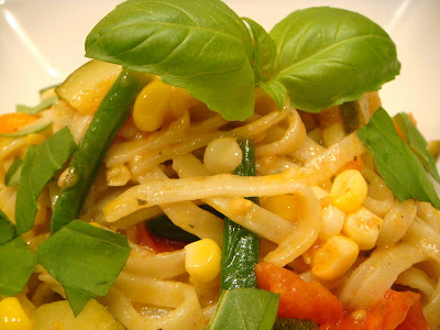 Summer squash and basil linguine with summer veggies