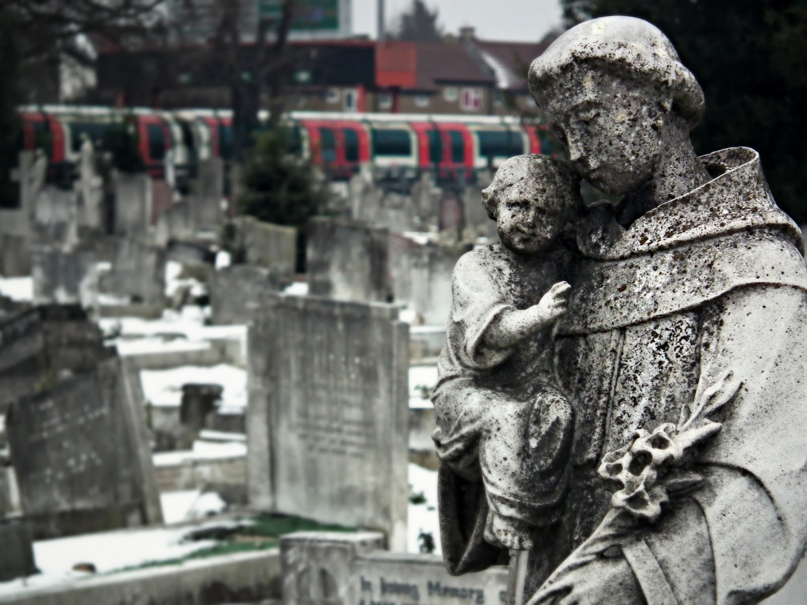 The London Dead Cemetery in the snow St Patrick's Catholic Cemetery