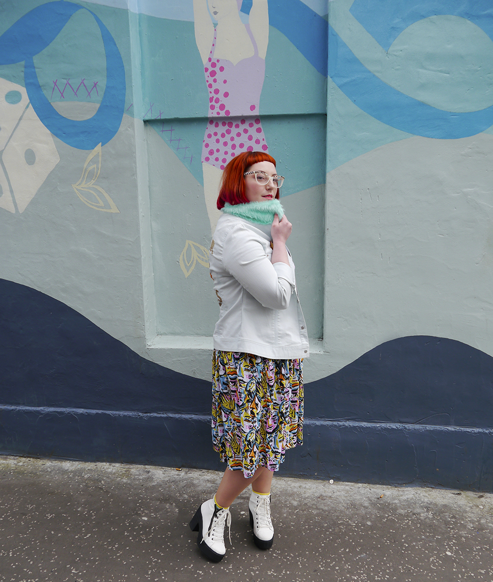 Faux Fur Customised Denim Jacket Styled by Helen, Wardrobe Conversations, Scottish Blogger, Edinburgh Blogger, Dundee Blogger, red head, ginger bob, Spex Pistols glasses, leopard print glasses, customised denim jacket, mint fur collar, Monki prints, Monki tshirt, Monki x Lynnie Zulu, Lynnie Zulu for Monki, River Island white lace up shoes, Rockcakes brooch, Rock Cakes pin badges, personalised denim jacket, Lucky Dip pins, milkshake with sprinkles, Roller Shakes, Blog Birthday, Style Diner, Kate George Mural Edinburgh, wall art Edinburgh, Edinburgh South side, Lou Taylor, tropical earrings, skinny dip london milk bag, novelty bag, milk bag