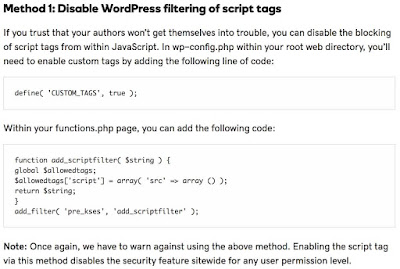 Image of text describing how to disable WordPress filtering of script tags.