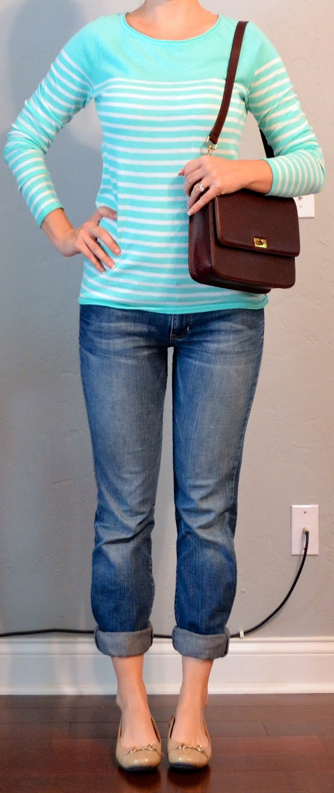 outfit post: mint striped long sleeved shirt, bootcut jeans, nude flats ...