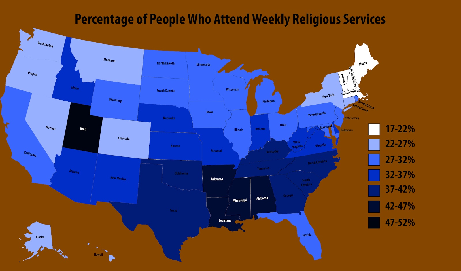 Percentage of people who attend weekly religious service