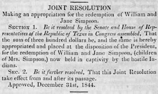 Republic of Texas Congress' resolution for the ransom of the Simpson children, 1844
