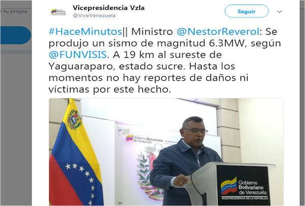 Funvisis reportó que el sismo tuvo una magnitud de 6,3 un epicentro al sureste de Yaguaraparo, estado Sucre, oriente de Venezuela. Funvisis reportó que el sismo tuvo una magnitud de 6,3 un epicentro al sureste de Yaguaraparo, estado Sucre, oriente de Venezuela.
