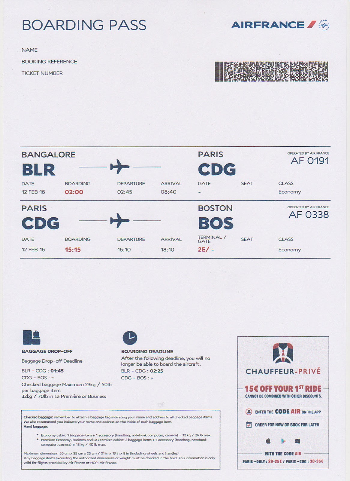 The traveler's drawer AIR FRANCE. Boarding Pass for the flights AF