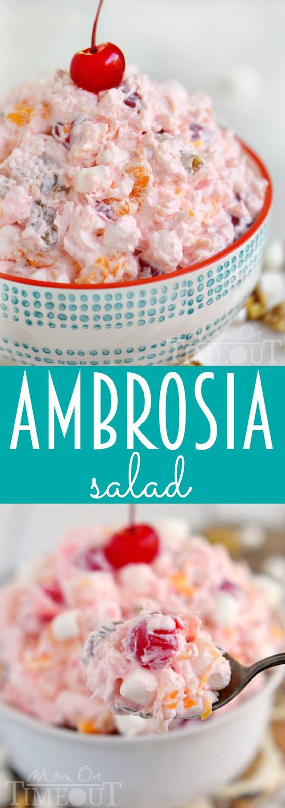 This delicious Ambrosia Salad is so easy to make and always a big hit with kids and adults alike! Made in just one bowl, this classic dessert salad is the perfection addition to your next gathering! // Mom On Timeout #recipe #ambrosia #dessert #nobake #desserts #recipes #momontimeout