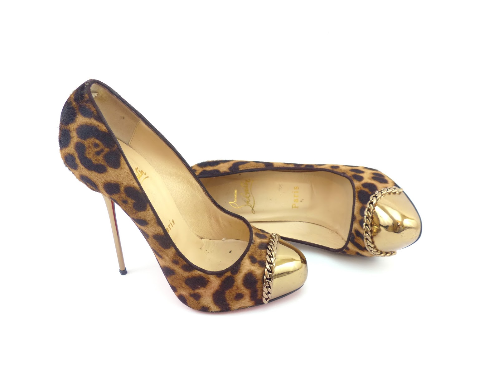 Christian Louboutin Gold Metal Cap Heel with Leopard Faux Print Fur –  catwalk