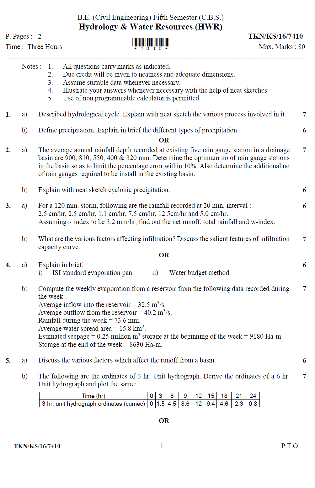 RTMNU 5th Semester B.E Civil Hydrology & Water Resources (HWR) 2016