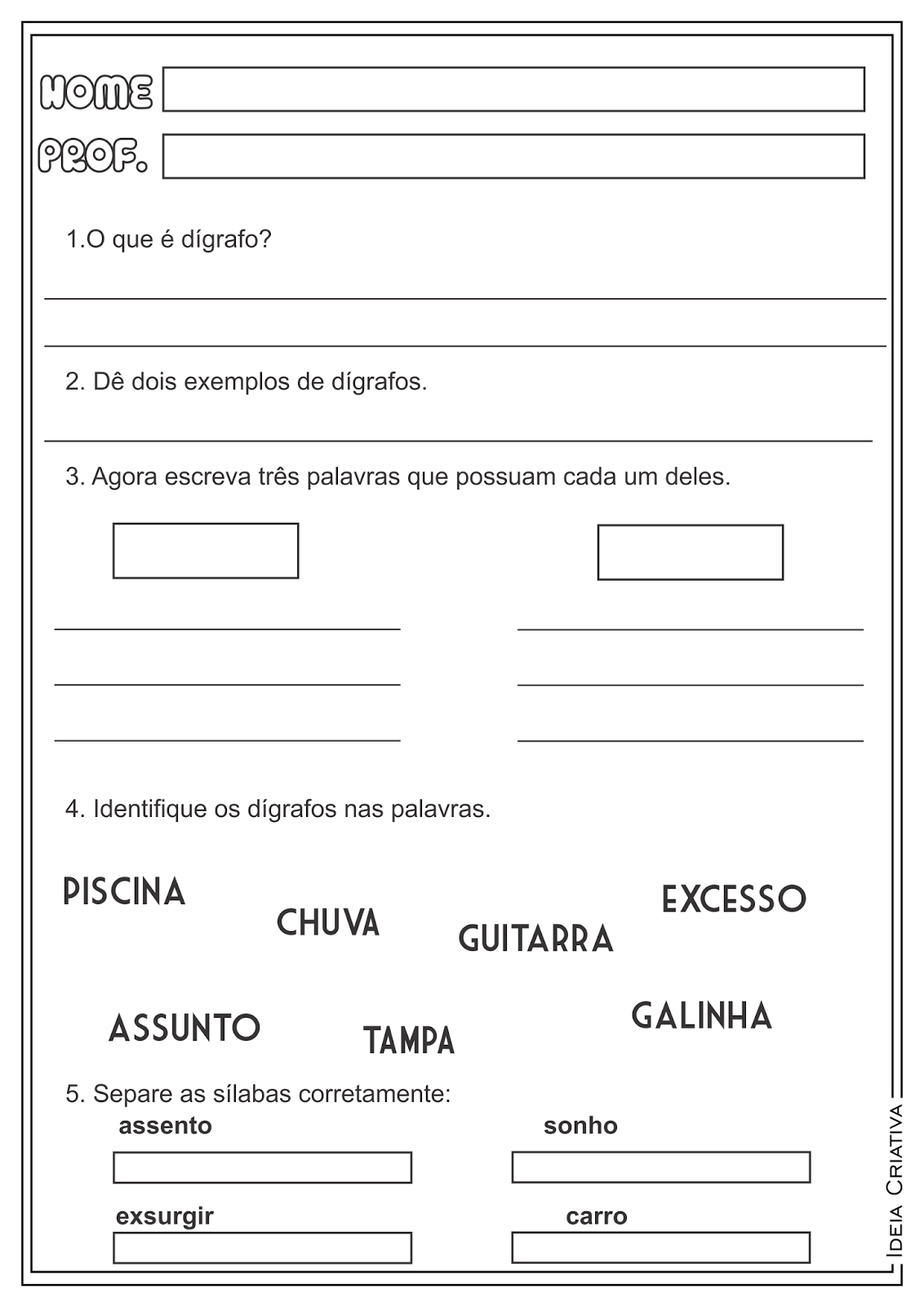 Atividade Dígrafos Consonantais Língua Portuguesa Ensino Fundamental
