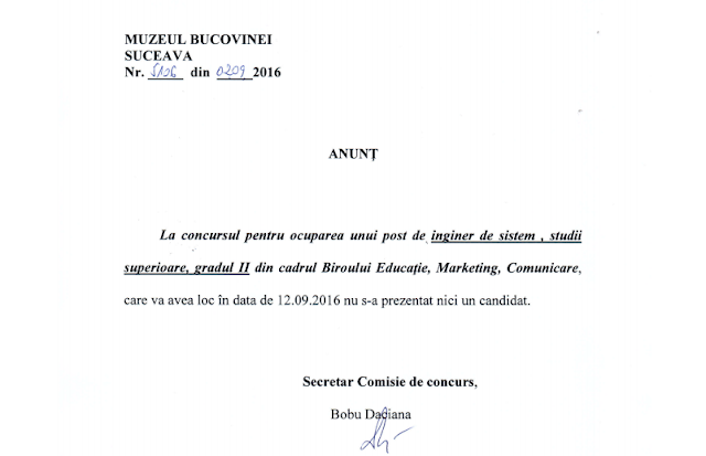 ANUNȚ pentru concursul de ocupare a unui post de inginer de sistem, studii superioare, gradul II