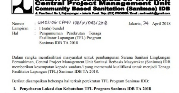 Contoh Soal Dan Contoh Pidato Lengkap Rekrutmen Tenaga Fasilitator Lapangan Tfl Kegiatan Sanimas Idb Ta 2018