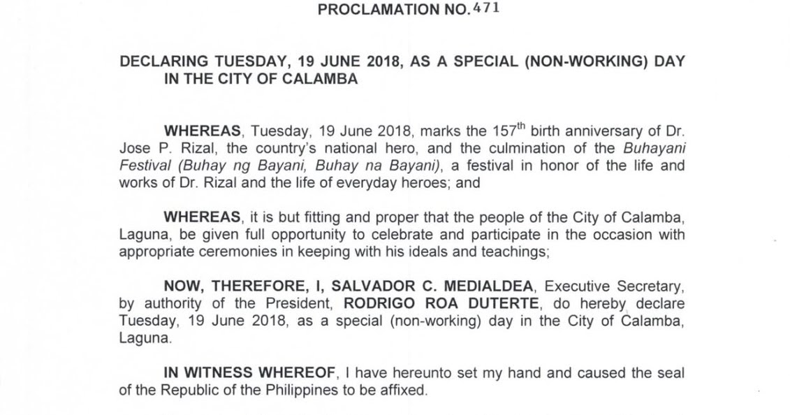 Philippine Holidays Special (NonWorking) Day in Calamba City, Laguna