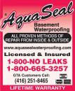 Aquaseal Wet Leaky Basement Solutions Specialists Toronto 1-800-NO-LEAKS or 1-800-665-3257