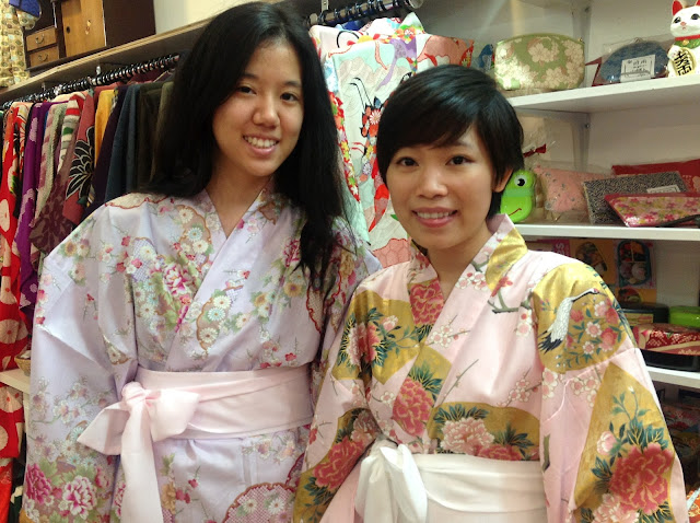 Two young ladies wearing cotton Kimonos from Kimono House NY