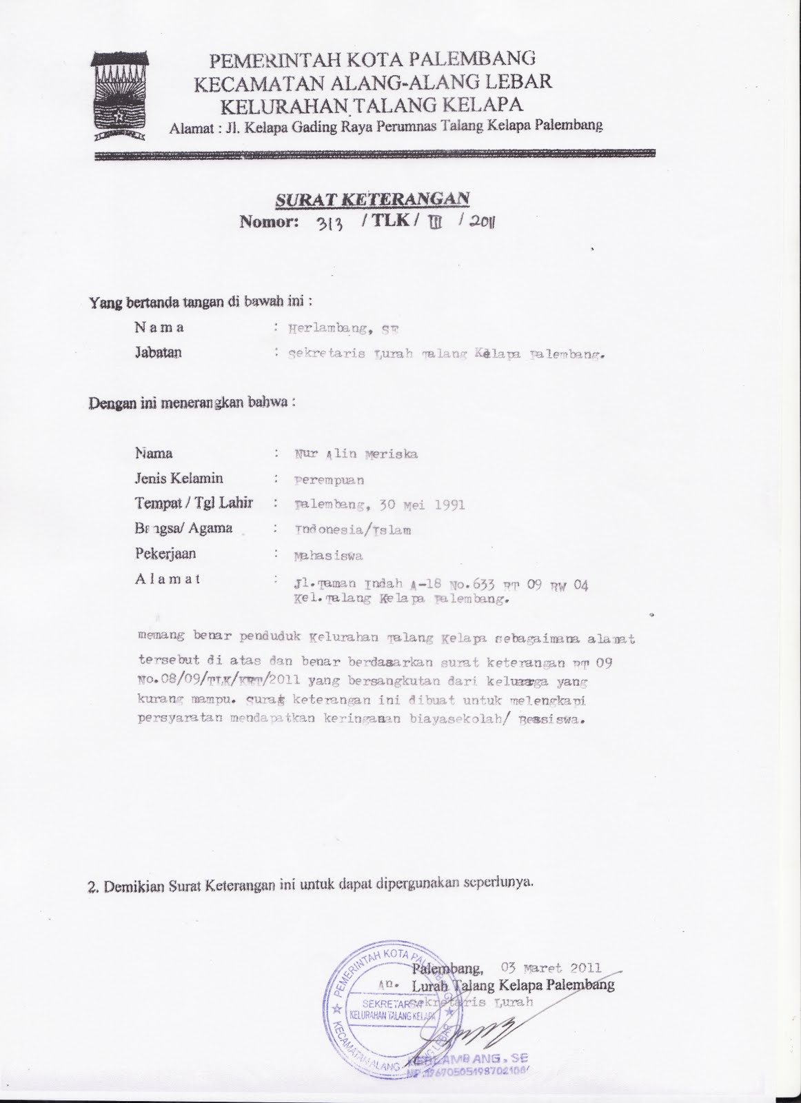 Poltabes Palembang Untuk Mengurus Surat Keterangan Berkelakuan Baik