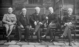 At the Versailles summit: Sonnino is on the right with Marshall Foch and premier Clemenceau of France, British PM David Lloyd George and Italy's Vittorio Orlando