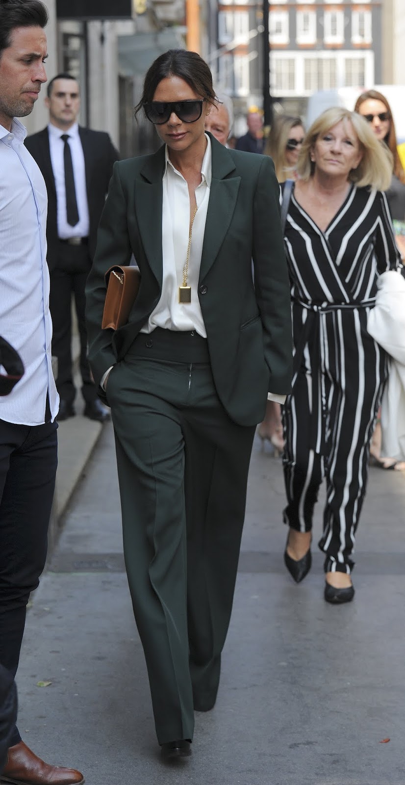 Ladies in Satin Blouses: Victoria Beckham - white silk blouse under suit