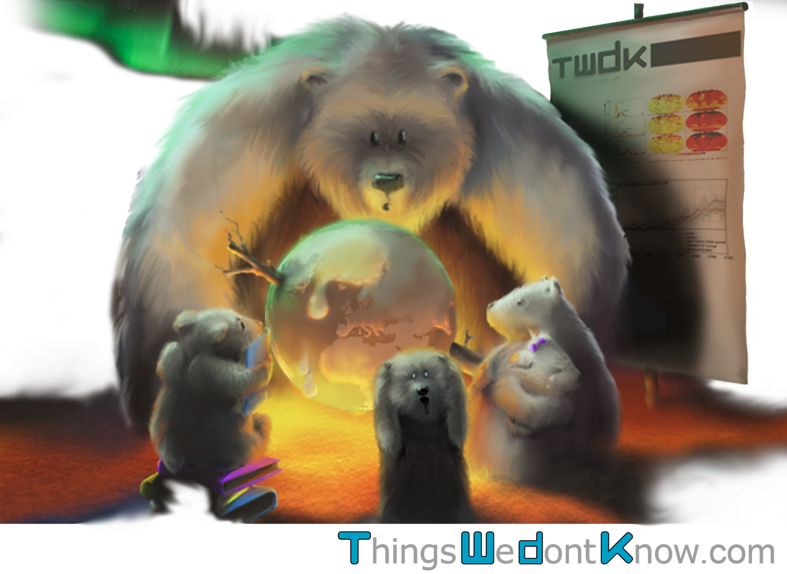 A cartoon showing a school class of polar bears learning about climate change, with a frozen Earth being heated over a fire.