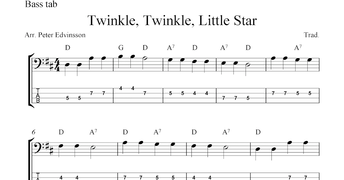 Free bass guitar tab sheet music, Twinkle, Twinkle, Little Star