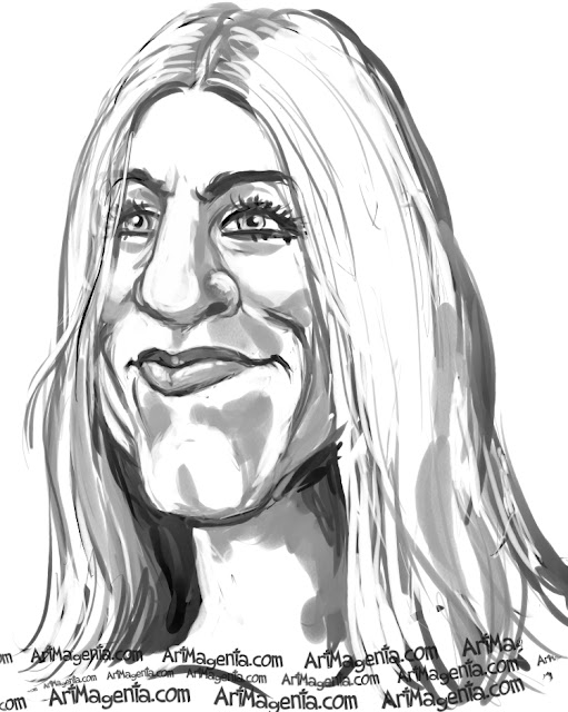 Jennifer Aniston caricature cartoon. Portrait drawing by caricaturist Artmagenta