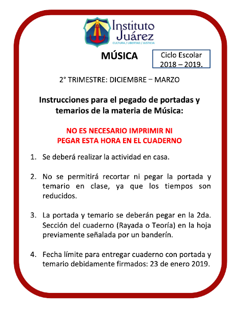 Instituto Juárez 3° Primaria: Portadas y Temario de Música con Indicaciones