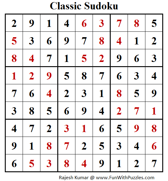 Classic Sudoku Puzzles (Fun With Sudoku #208) Solution
