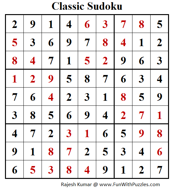 Classic Sudoku Puzzles (Fun With Sudoku 208) Solution