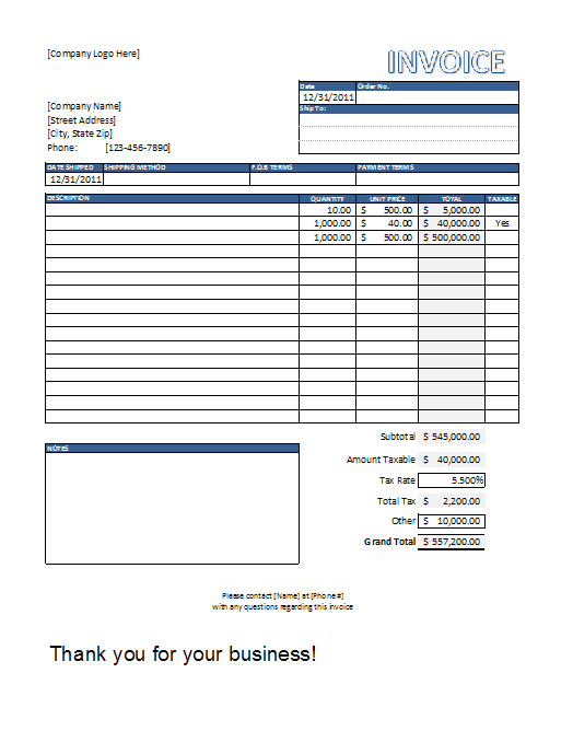 Free Invoice Templates For Excel