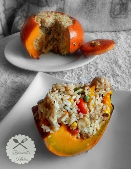 Roasted Pumpkin Stuffed with Chicken Rice