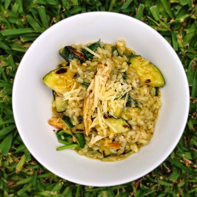 Pesto Parmesan Risotto with Grilled Chicken and Zucchini and Spinach