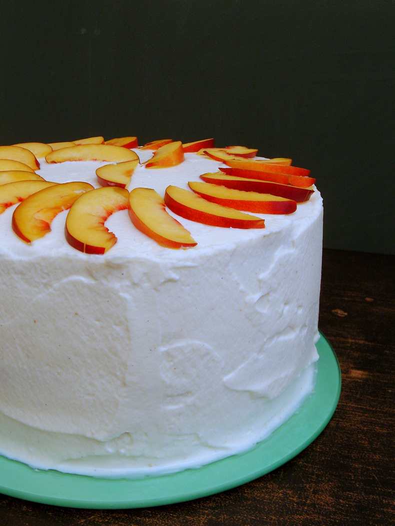 Nectarine Layer Cake vanilla cake + mascarpone frosting + fresh nectarines