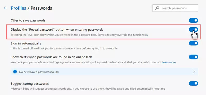 How to turn OFF the 'Reveal Password' option in Microsoft Edge?