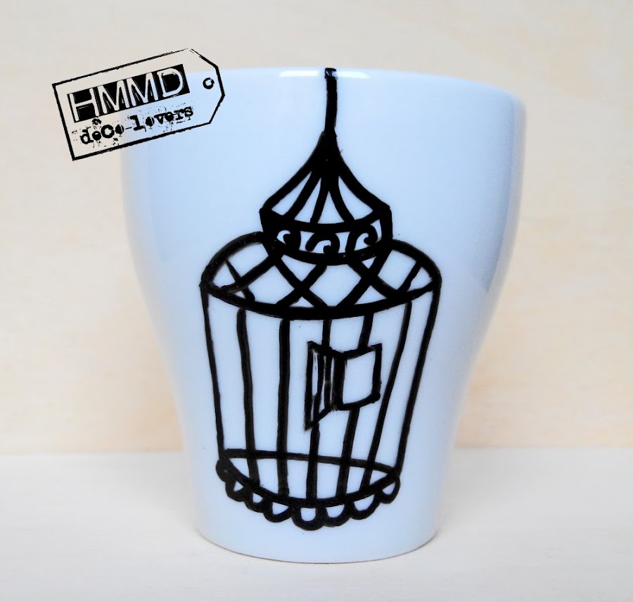 Juego de cafe vintage jaulas y pájaros, colección Des-Enjaulados HMMD, tazas pintadas a mano Handmademaniadecor. Regalo original y con encanto. Vintage coffee set birdcages and birds. Hand painted mugs. Un-Caged collection by HMMD.