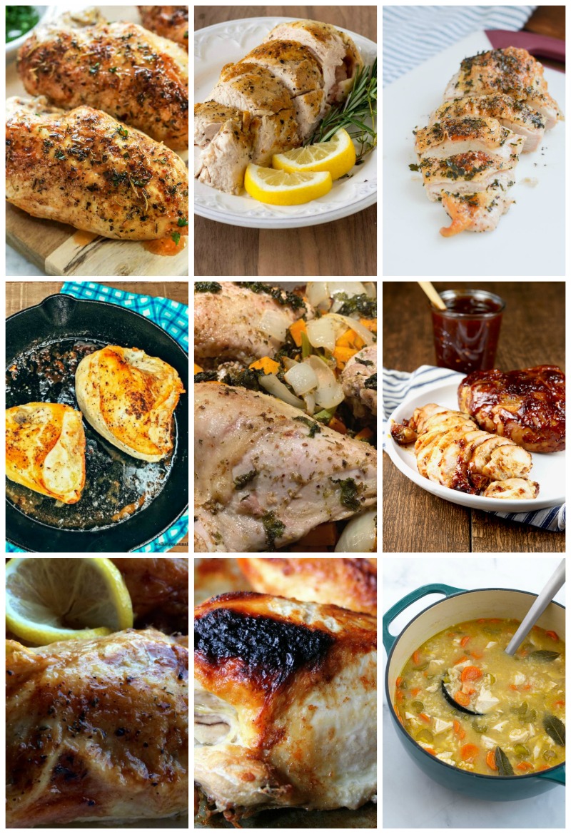 Are you looking for some bone-in chicken recipes? This roundup includes recipes for bone-in breasts, thighs, leg quarters, drumsticks, wings, and even whole chicken recipes! #boneinchicken #chickenrecipes #chicken