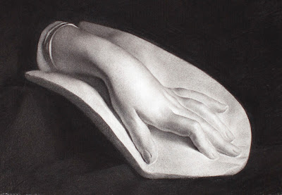 charcoal drawing of plaster hand cast by artist Emilae Belo