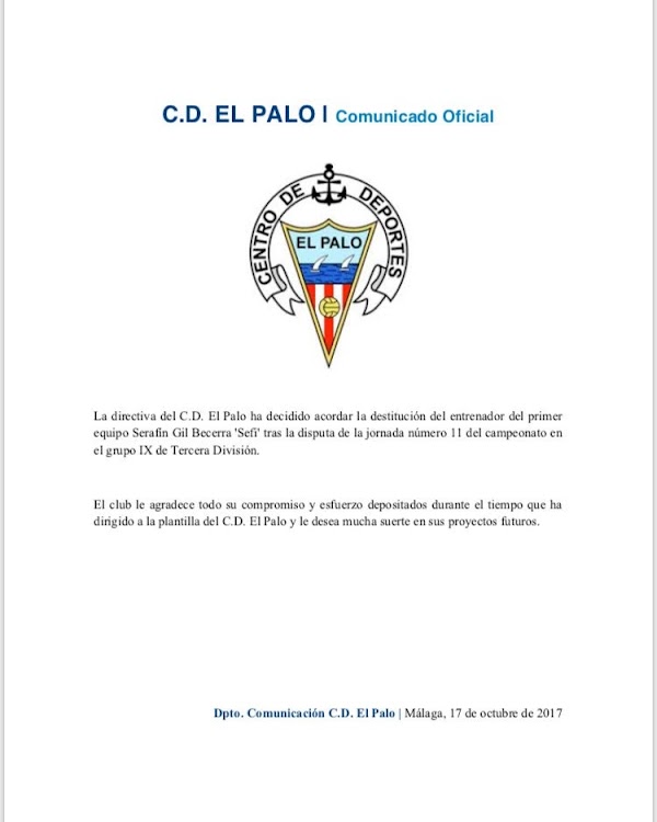 Oficial. CD El Palo, destituido Sefi