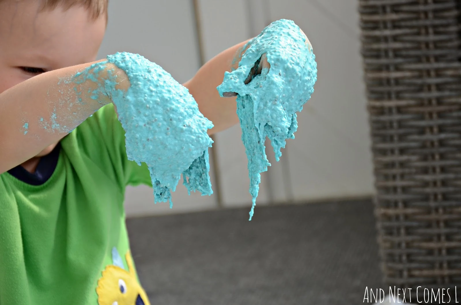 Sensory play for kids: stretching edible sludge from And Next Comes L