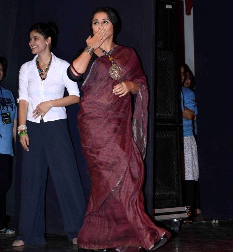 Beautiful Mumbai Actress Vidya Balan Long Hair In Transparent Maroon Sari