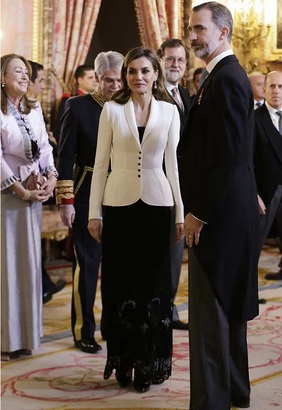 Queen Letizia wore Felipe Varela blazer and skirt at the Foreign Ambassadors Reception at The Royal Palace in Madrid