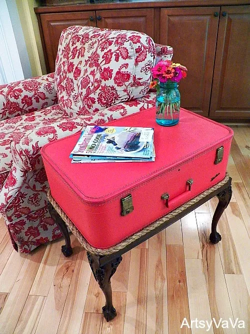 Make a rope trimmed vintage suitcase sidetable by Artsy Va Va featured on I Love That Junk