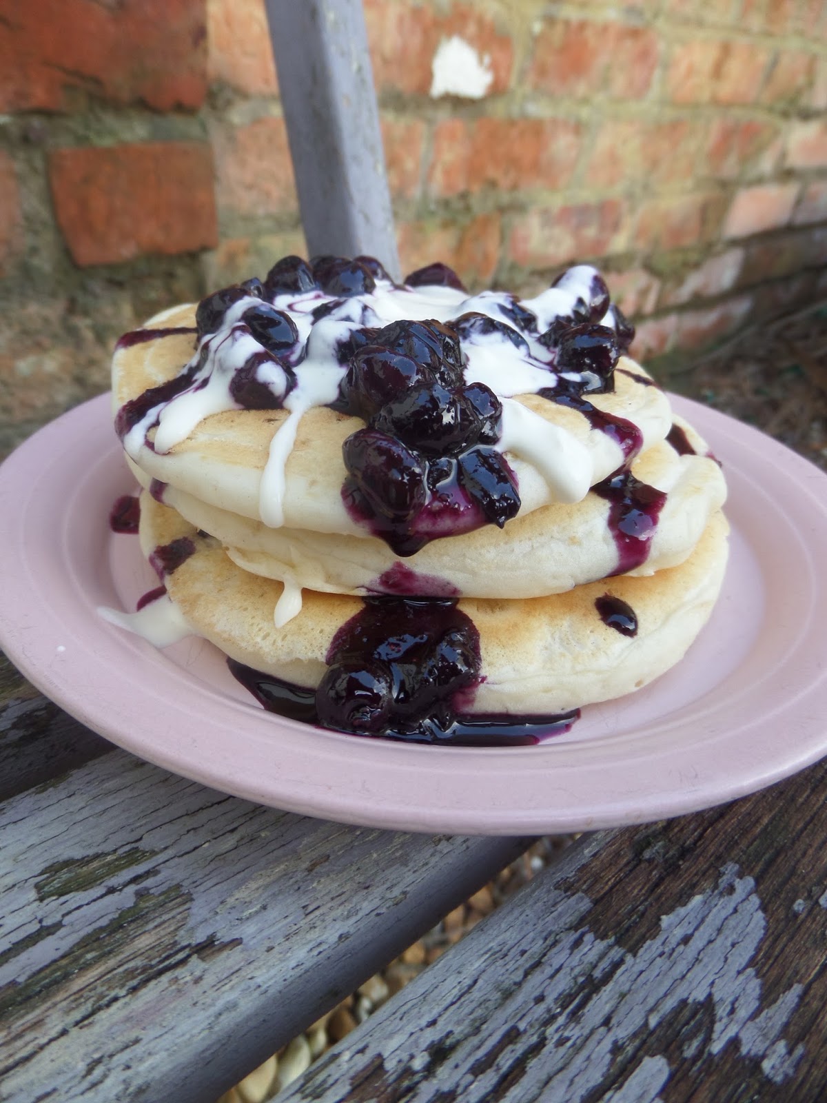 Fluffy eggless yogurt pancakes, with maple blueberries compote