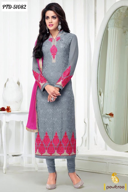 grey and pink color chiffon embroidery straight cut salwar suit online for wedding wear