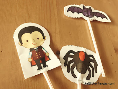 Marionetas imprimibles de papel para colorear y montar con los personajes de Halloween