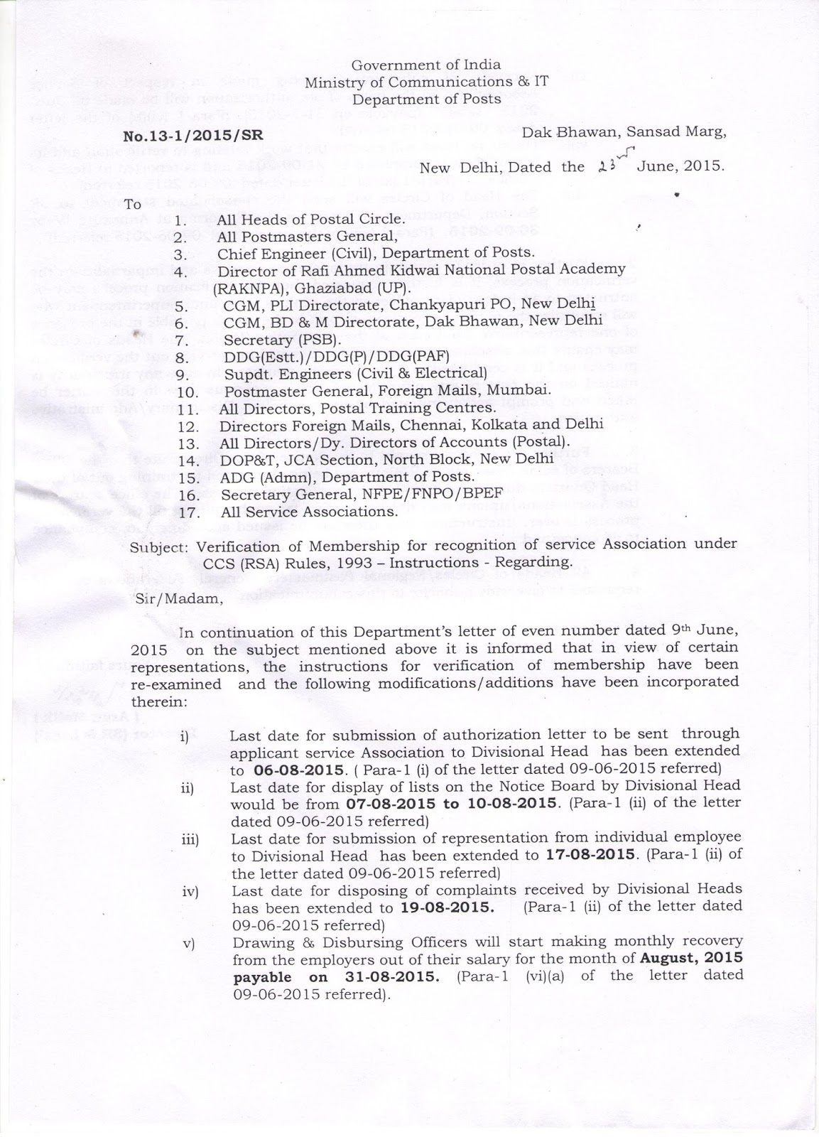 RURAL POSTAL EMPLOYEES REVISED VERIFICATION ORDERS ISSUED ON 2362015