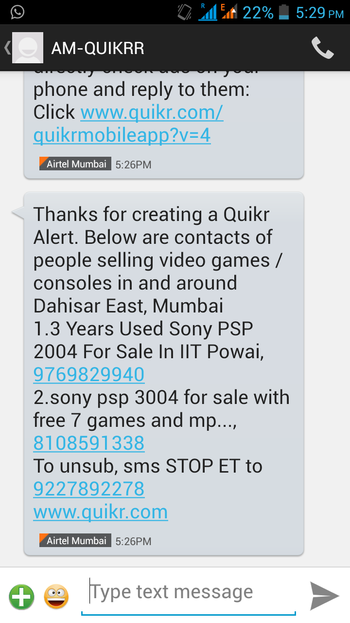 quikr alert on mobile