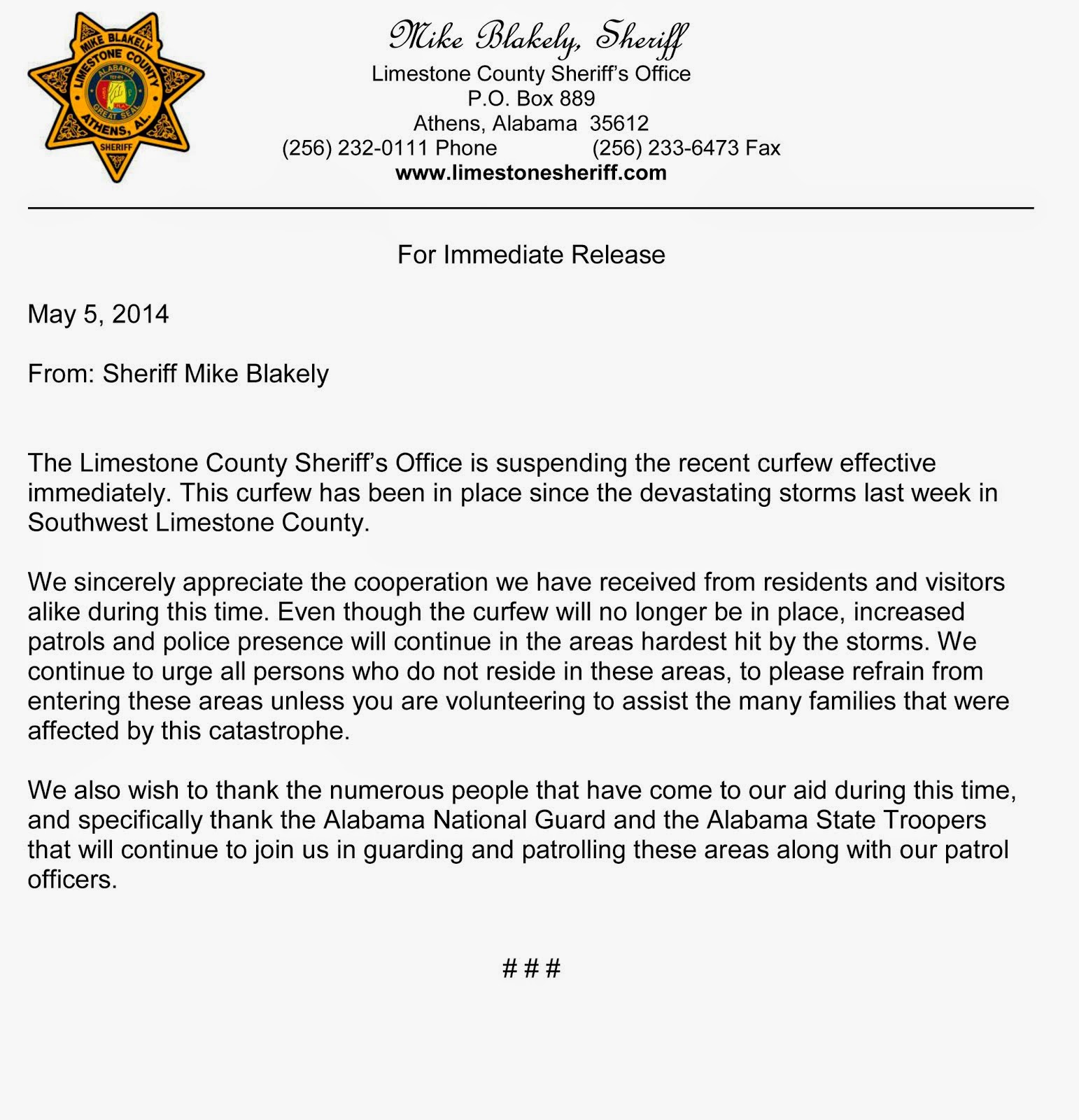 Visit Athens Alabama Press Room Limestone County Alabama Sheriff Lifts