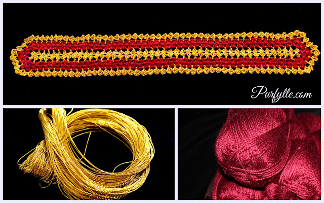 Golden Table Runner, gold cord and red yarn