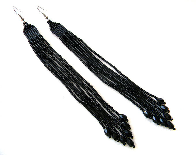 Extra long black earrings, black dangle earrings, black beaded earrings, seed bead jewelry