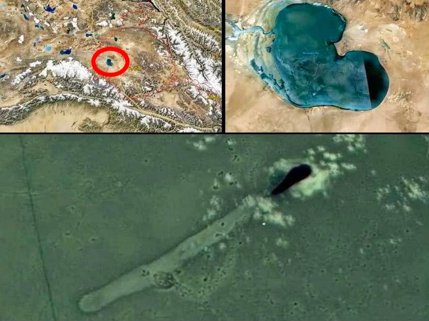 UFOs fly out of a black hole in Lake Aksayqin Hu near Kongka La Pass - recorded by Google Earth